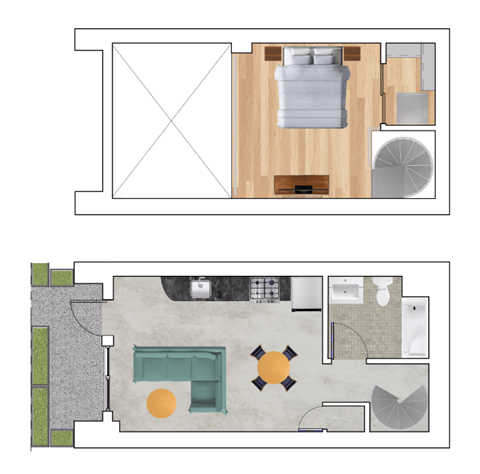 Floor plan for studio, 1 bath, 672 sqft